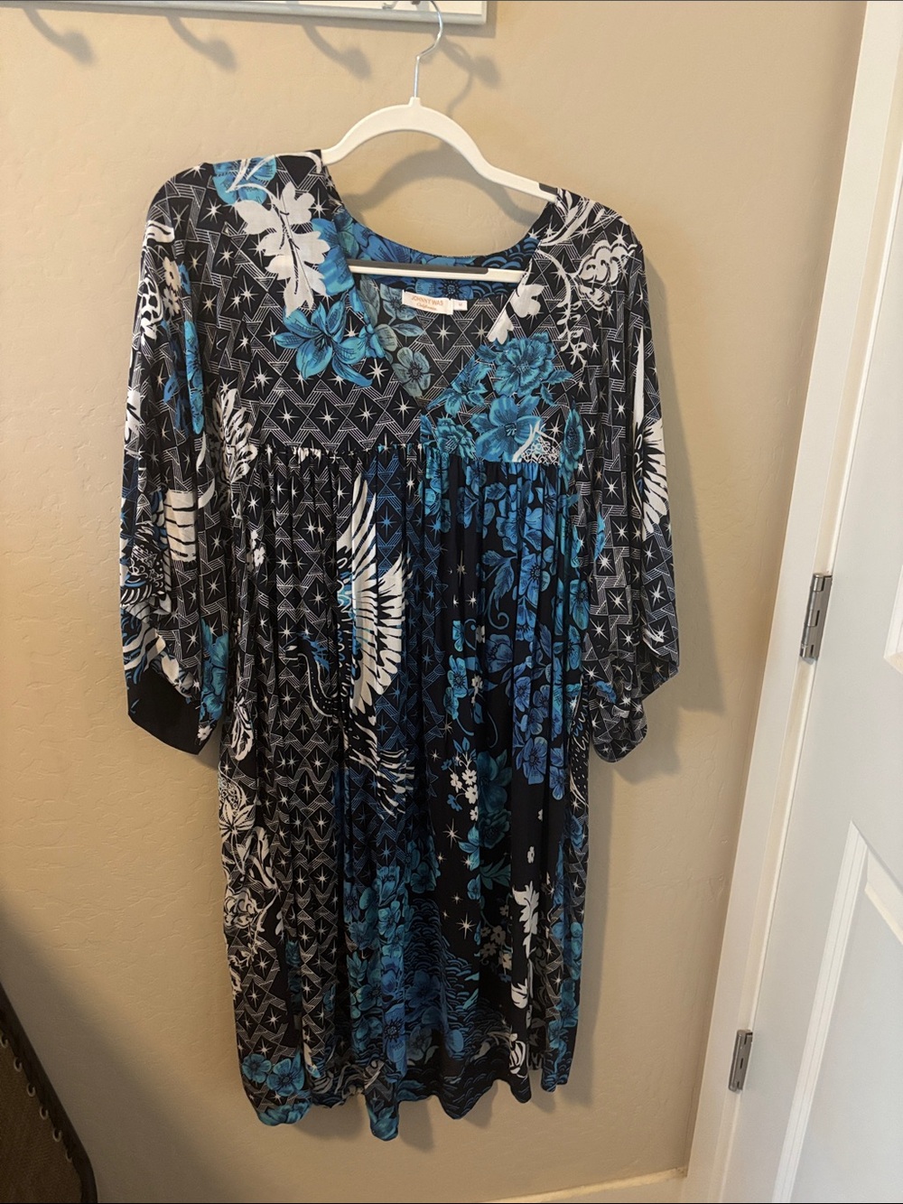 Johnny Was Black and Blue Floral V-Neck Long Sleeve Dress